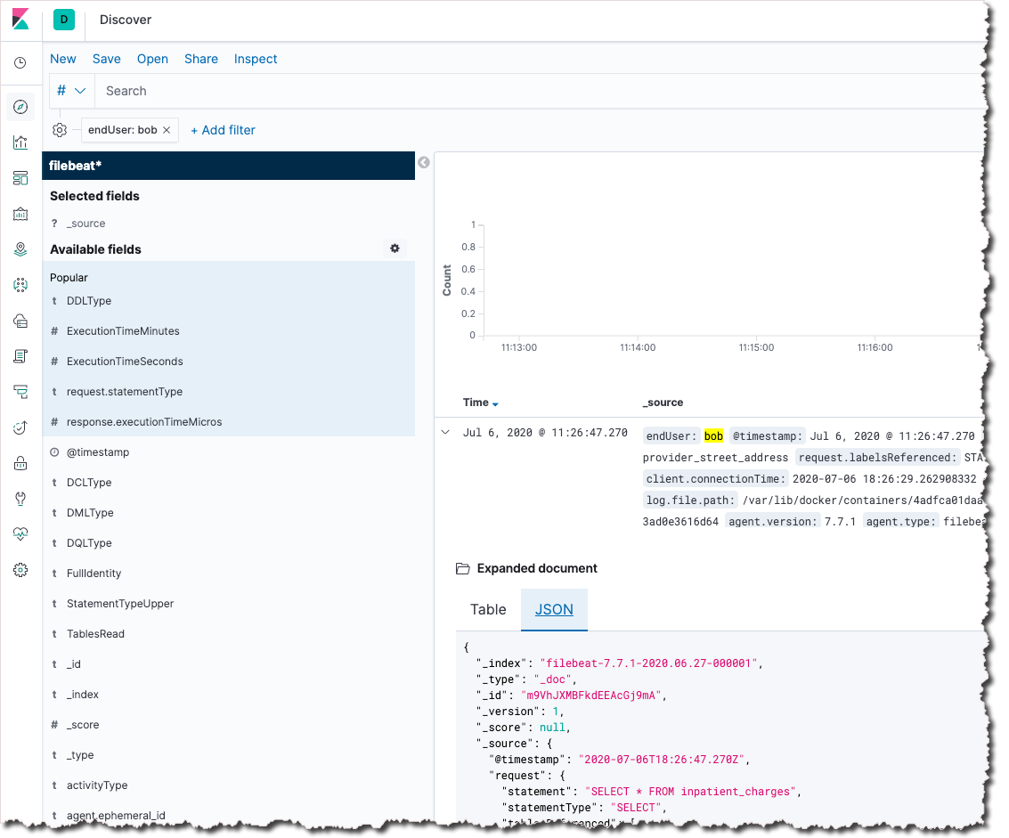 Viewing a SQL database query log entry from Cyral in Kibana