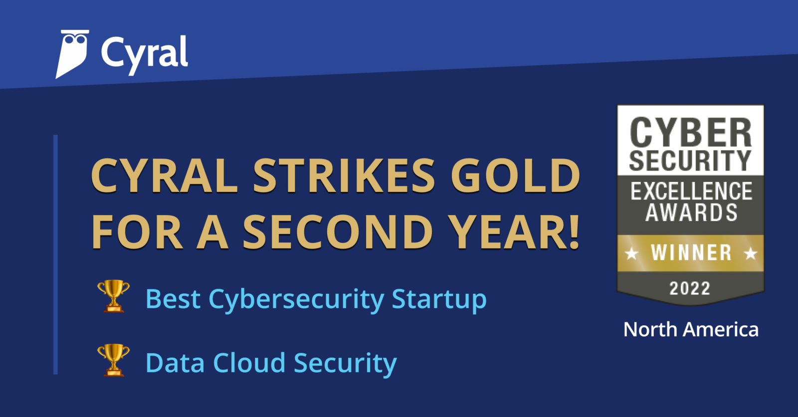 White cyral owl logo in top left corner, gold text below reads,"Cyral strikes gold for second year!" in all caps, a small gold trophy emoji next to text that reads, "Best Cybersecurity Startup" North America, a Cyber Security Excellence Award Badge for Gold Winners to the right